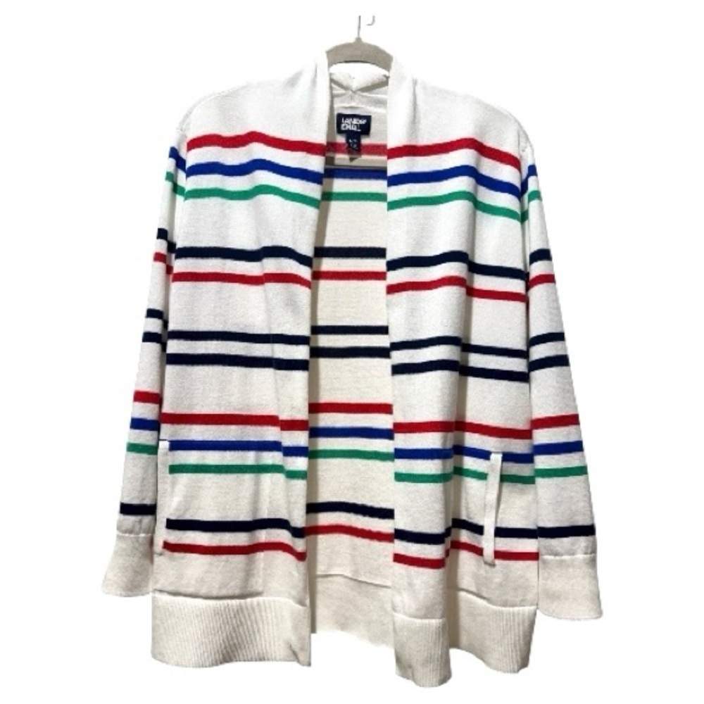 Lands’ End 100% Cotton Open Front Cardigan Sweater Striped White Multi MP